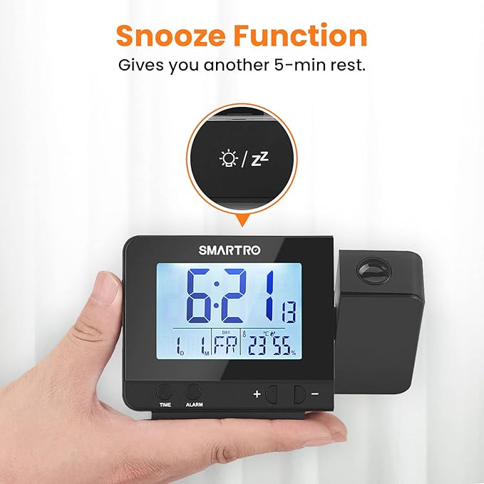 SMARTRO Digital Projection Alarm Clock for Bedrooms with Indoor Thermometer Hygrometer, USB Charger, Bedside Projector, Travel, AC and Battery Operated