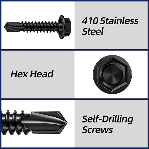 MewuDecor #10 x 3/4" (1/2" to 3" Available) Hex Washer Head Self Drilling Sheet Metal Screws with Drill Point, Stainless Steel 410, Black Oxide, 100 PCS