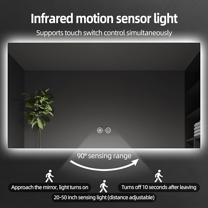Backlit LED Bathroom Mirror, Infrared Motion Sensor Vanity Mirror with 3-Color Lights, Stepless Dimmable Wall Lighted Mirror with Anti-Fog, Memory, Rectangular (36" H x 48" W)
