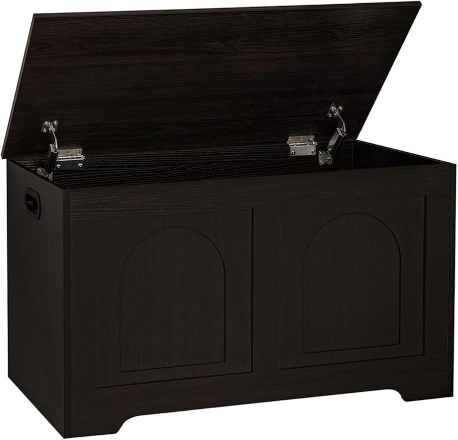 DINZI LVJ Storage Chest, 31.5”Wooden Toy Box with 2 Safety Hinges, Entryway Storage Bench with Flip-Top, Sturdy Storage Trunk for Living Room, Bedroom, Easy Assembly, Espresso
