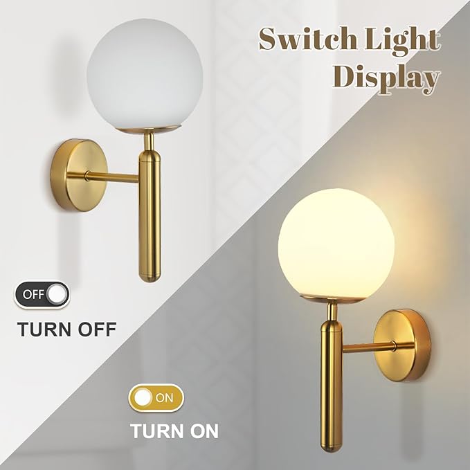 KCO Lighting Brass Wall Sconces Set of Two Milk Glass Globe Wall Light Brushed Gold Wall Sconce Modern Bathroom Wall Light Fixtures Mid Century Bedside Sconces Set of 2