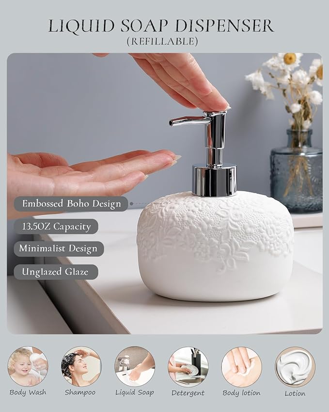Bathroom Accessories Set with Embossed Design 4PCS, Ceramic White Bathroom Accessory Set Bathroom Toothbrush Holder Set Home Decor, 1 Soap Dispenser 13.5oz, 2 Tumbler Cup, 1 Soap Dish, ANTIS'S HOME