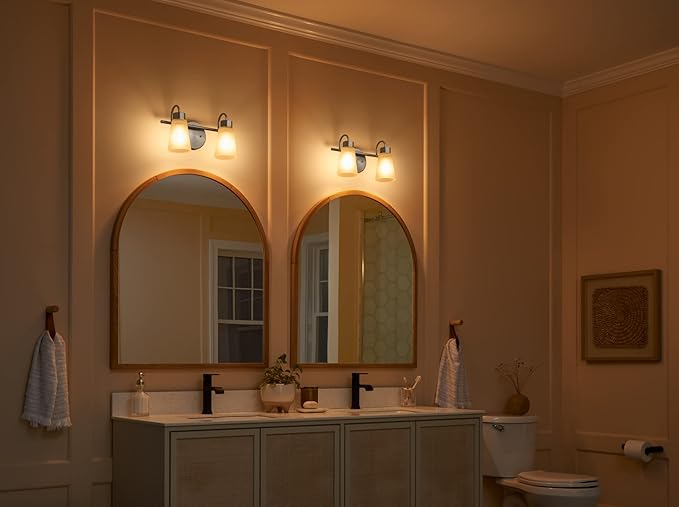 Kichler Stamos 2-Light Bathroom Vanity Light Fixture with Satin Etched Glass Shades, Modern Wall Mount in Brushed Nickel for Mirror Lighting (13 x 8 x 5 in), 45887NI
