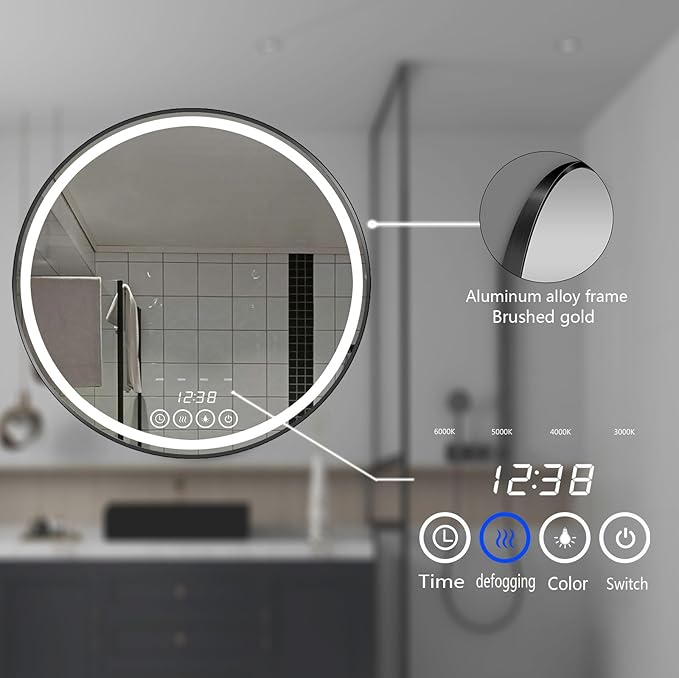 Wall-Mounted Round Bathroom Mirror with LED-Lights - Frame Vanity Mirrors (24" x 24", Black)