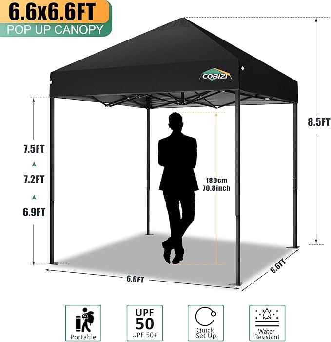 COBIZI 6.6x6.6ft Pop Up Canopy Tent, Heavy Duty Canopy Easy Set up All Weather Waterproof Outdoor Canopy Tent for Parties, Beach, Garden, Camping with 1 Handbag, 3 Adjustable Heights, UPF50+, Black