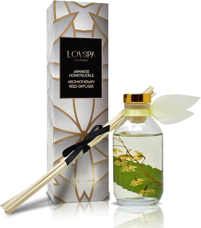 LOVSPA Reed Diffuser Set, Japanese Honeysuckle Scented Oil Diffuser with Sticks, Home Fragrance Accessories for Bathroom Shelf Decor, Aroma Diffusers for Home or Office Desk, USA Made