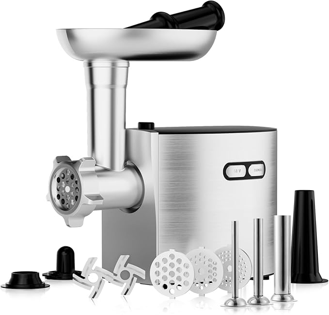CHEFFANO Meat Grinder, Electric Meat Grinder and Sausage Maker Includes 3 Size Stainless Steel Sausage Stuffs, 2 Cutting Blades, 3 Grinder Plates, Plastic Sausage Tubes & Kubbe Kit for Home Use