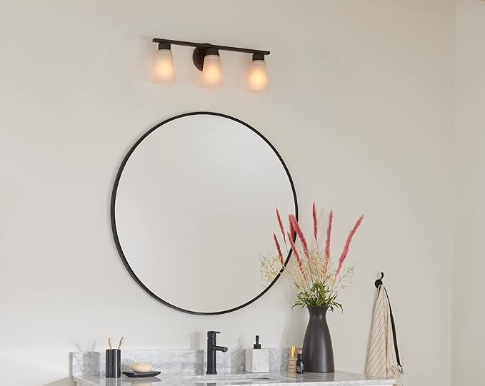 Kichler Stamos 3-Light Bathroom Vanity Light Fixture with Satin Etched Glass Shades, 22 in Modern Wall Light in Olde Bronze for over Mirror (22 in x 5 in x 8 in), 45887NI