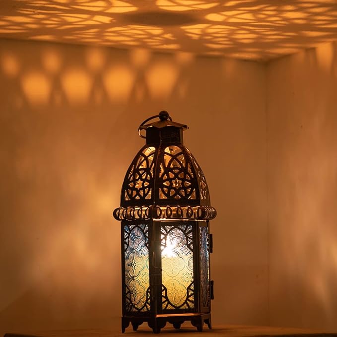 DECORKEY Vintage Candle Lantern, 12.8’’ Moroccan Style Decorative Metal Hanging&Tabletop Lantern, Ramadan Christmas Candle Holder Decorations for Home Outdoor Patio (Blue)