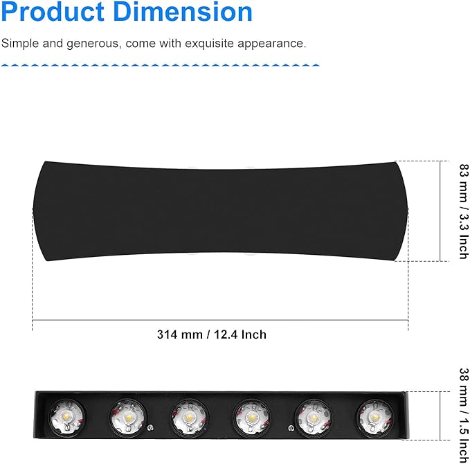 Kawell 12W Modern Wall Sconces LED Wall Light Up Down Indoor Outdoor Aluminum Wall Lamp LED Waterproof IP65 for Bedroom Living Room Bathroom Stairs Hallway Corridor Porch, Black 3000K