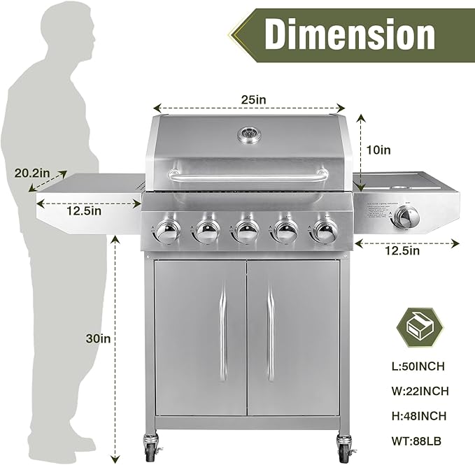 Bestfire 68,000 BTU 5 Burner Propane Gas Grill with Side Burner-Professional-Grade Stainless Steel Outdoor BBQ Grill-647 sq in Cooking Space&Porcelain Cast Iron Grrates-Patio Cart Design for Backyard