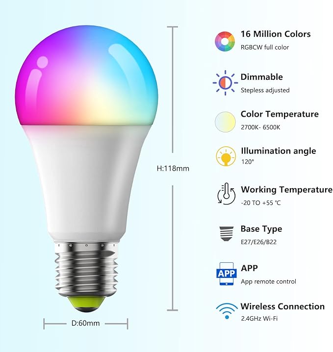 Smart Light Bulbs,Full Color Changing Dimmable LED Bulb,Compatible with Alexa and Google Assistant,UL FCC Certified,2.4GHz WiFi+Bluetooth LED Light Bulbs, Music Sync Smart Home Lighting (10)