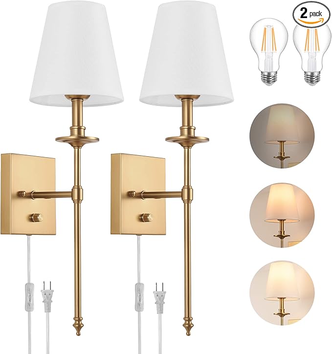 Dimmable Wall Sconces Set of Two, Plug in Wall Sconces White Fabric Shade, Wall Lamp for Bedroom, Living room, Plug in Wall Light Sconces Wall Decor Set of 2, LED Bulbs Included, Antique Brass