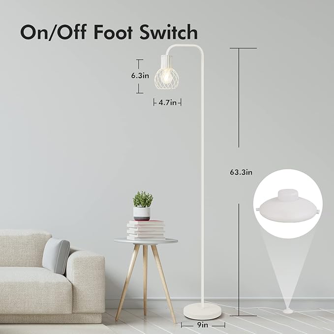 Industrial Floor Lamp, White Standing Lamp Modern with 6W LED Bulb, Foot Switch, Metal Tall Floor Lamps for Living Room, Bedroom, Office, Den, Vintage Stand Up Light, Minimalist Mid Century Pole Lamp