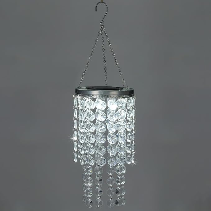 Hanging Solar Crystal Chandelier Outdoor, 21” Modern Solar Transparent Acrylic Beaded Lantern with Cool White LED S Hooks for Garden Yard Patio Gazebo Outside Decor