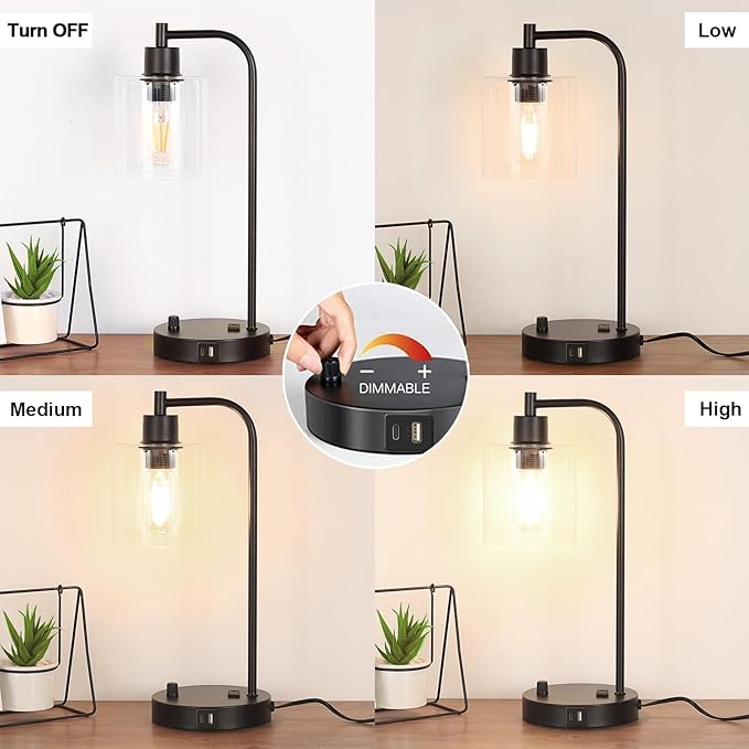 Industrial Table Lamp with USB A+C Ports and Outlet, Fully Stepless Dimmable Modern Nightstand Lamp, Glass Shade Bedside Desk Lamp for Bedroom Living Room Office, 8W 2700K LED Edison Bulb Included.