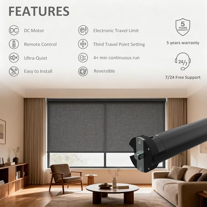 Wired Roller Shade Motor Kit with Remote Control, 35mm Electric Tubular Motor, High Torque Motorized Blinds Retrofit for Zebra, Roman Shades, 110V AC (6.0 N.m for Φ40mm (1.57") Groove Tube)
