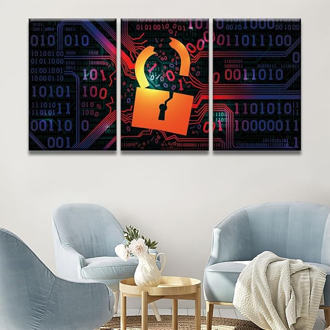 LSIUHWUWI 3 Panel Canvas Wall Art Hacking Firewall Hacked with Binary Code Posters and Prints for Living Room Wall Decoration, AI Artwork Giclee Wooden Framed Ready to Hang, 16x24inchx3
