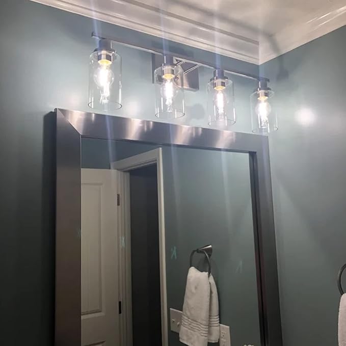 MELUCEE Bathroom Light Fixtures Brushed Nickel 4 Heads Modern Vanity Lights Wall Sconce with Clear Glass Shade for Hallway Kitchen Bedroom Living Room (Patent No.: US D963914 S)