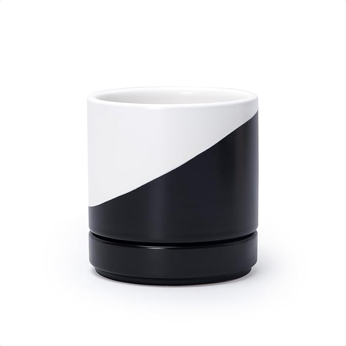D'vine Dev 4.7 Inch Ceramic Planter Pot with Drainage Hole and Saucer, Indoor Cylinder Round Planter Pot, Oblique Monochrome Black and White, 94-O-B-K