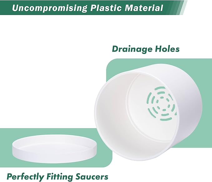 D'vine Dev 14 Inch White Plastic Planter Pots for Plant Pot with Drainage Hole and Seamless Saucers, 74-X-A-4