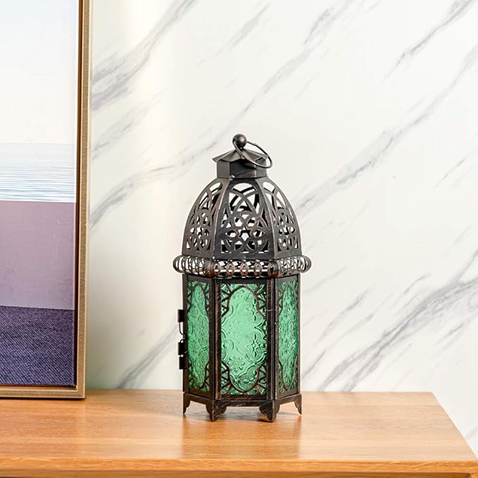 DECORKEY Moroccan Decorations for Home, 12.8’’ Vintage Metal Tabletop Candle Lantern, Spring Style Decorative Hanging Lantern, Christmas Halloween Candle Holders for Indoor Outdoor Patio Decor (Green)