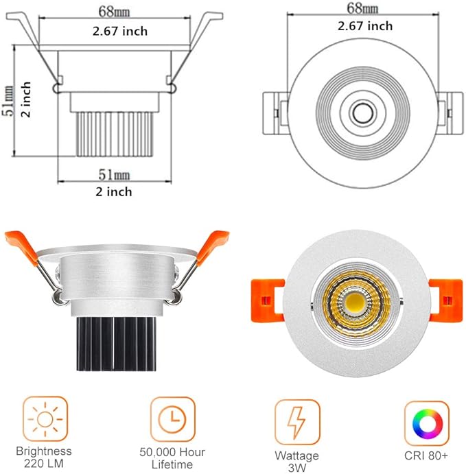 LightingWill 2inch LED Dimmable Downlight, 3W COB Recessed Ceiling Light, Daylight White 5500K-6000K, CRI80, 25W Halogen Bulbs Equivalent, Silver (4Pack)