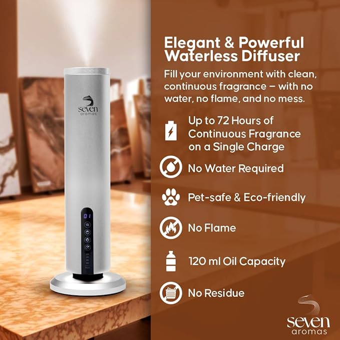 Waterless Essential Oil Scent Machine for Home & Large Rooms - Hotel Collection Aroma Diffuser with Cold Air Technology, Smart Bluetooth Control, 1200 Sq Ft Coverage for Home, Office & Spa - Silver