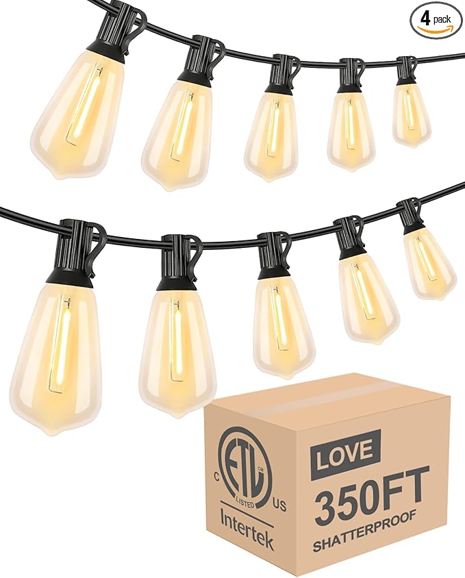 Lightdot 350FT Outdoor String Lights, LED Bistro String Lights with Shatterproof ST38 Bulbs, 2200K Dimmable, Waterproof Hanging Lights for Porch, Party, Garden, Backyard, Balcony
