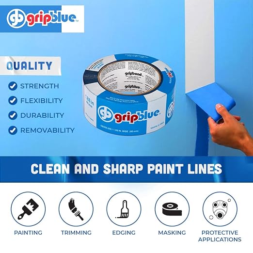 Blue Painters Tape 2 Inch Wide, 1 Roll Masking Tape - Perfect for Precise Lines on Walls & Trim, Multi-Surface, Residue-Free, Easy Removal - Ideal for Indoor & Outdoor Use, 1.88in x 60yds