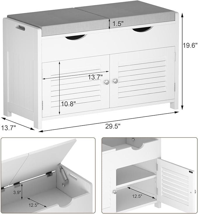 ChooChoo Shoe Storage Bench with Lift Top Storage, Entryway Bench with 2 Cushioned Seats, 3 Compartments, Adjustable Shelf, Shoe Cabinet for Entryway, Bedroom, Living Room, White
