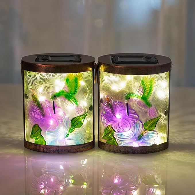 Starsoul 2 Pack Hanging Solar Lantern Outdoor Waterproof Glass Hummingbird Decorative Solar Lights for Outside Garden Yard Table Patio Decor