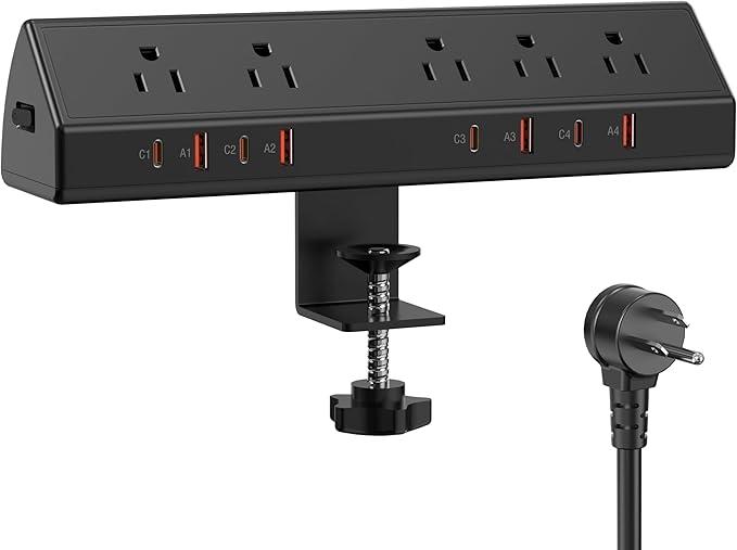 Desk Clamp Power Strip 65W Fast Charging Station,4 PD USB-C,5 Outlets,Nightstand Desk Edge Mount Tower Surge Protector,15 Amp Heavy Duty Power Strip,Fits 1.96" Tabletop Edge (Black, 10 FT Cable)