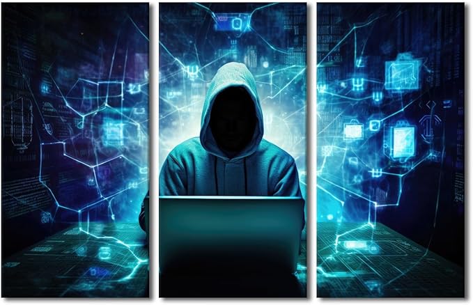 3 Pieces Framed Wall Art AI Big Data Canvas Painting Hacker Malware Pictures Canvas Print Home Office Modern Wall Decor Hacker Posters Giclee Gallery-Wrapped Framed Ready to Hang, 60" Wx40 H
