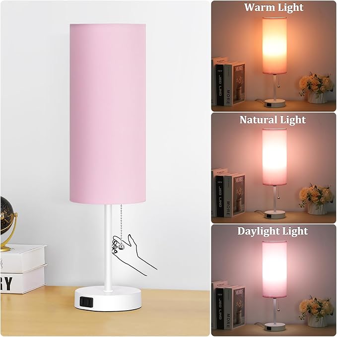 Dott Arts 18" Table Lamp for Bedroom, 3-Color Bedside Lamps with Pull Chain, Bedroom Table Lamps for Nightstand,AC Outlet Small Lamp for Living Room, Bulb Included Pink