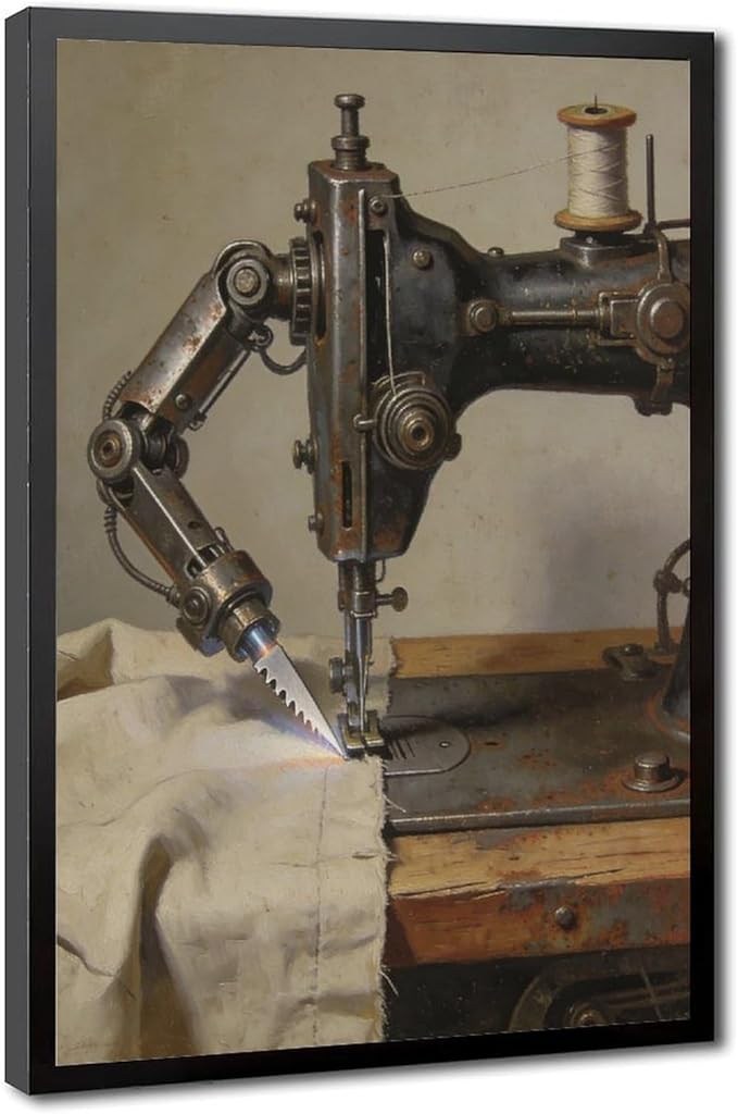 Framed Steampunk Mechanical Sewing Machine Wall Art - Retro Industrial Workshop Poster for Home Office Studio Decor 08x12in
