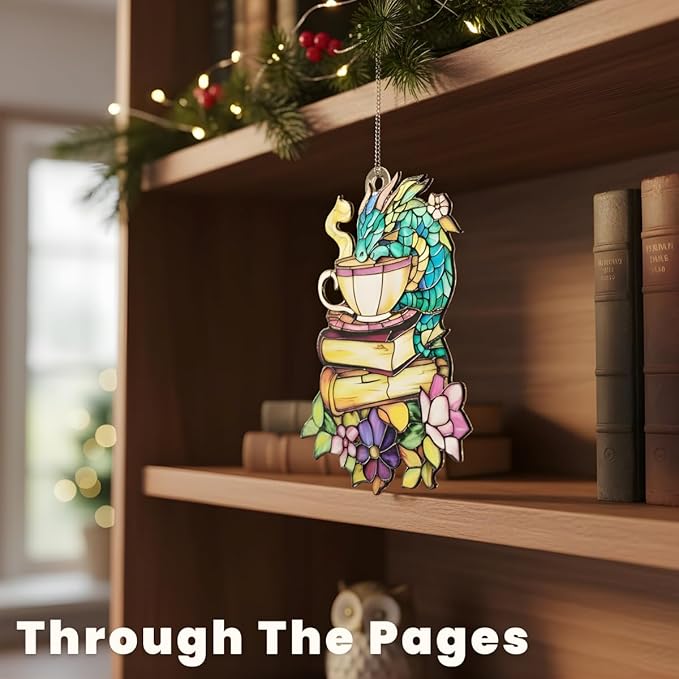 Bookshelf Christmas Ornament Floral Bookish Acrylic Suncatcher Stained Glass Effect Window Hanging for Book Lover Reading Nook Decor Gift for Librarian Readers