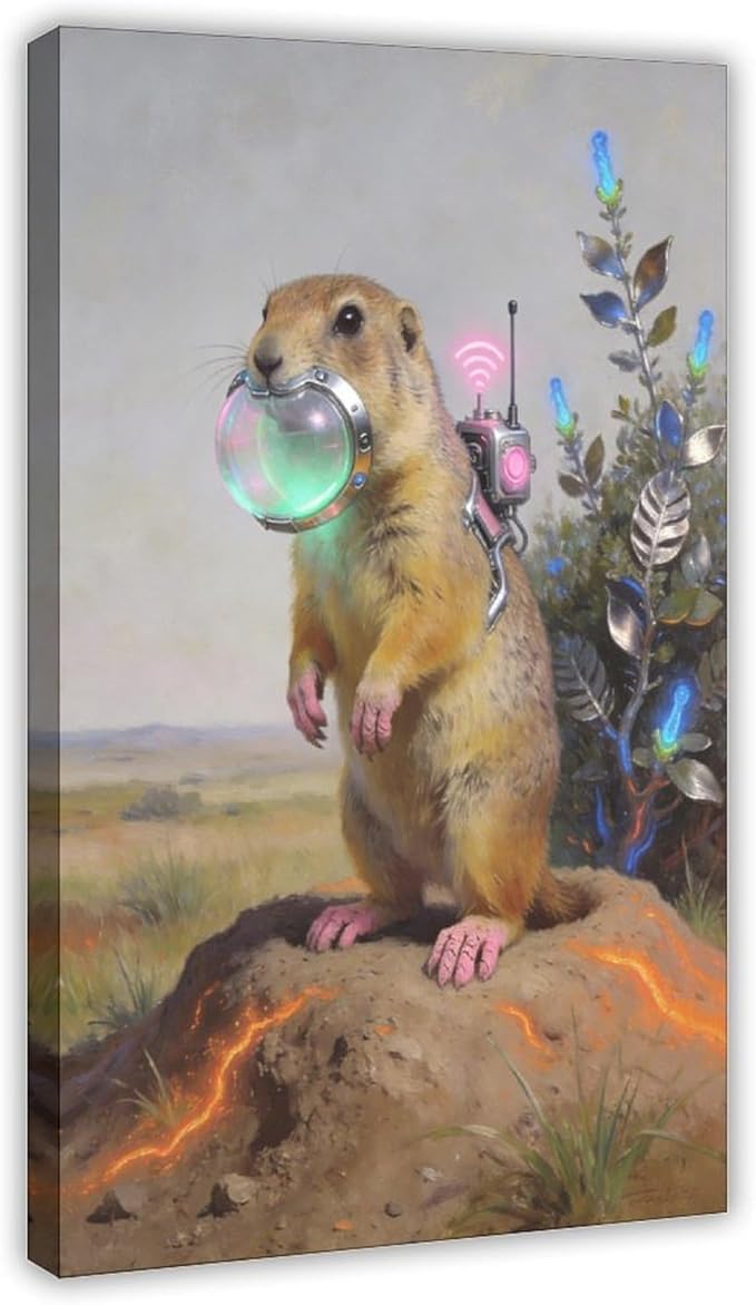 Framed Steampunk Mechanical Prairie Dog Wall Art - Retro-Futuristic Wilderness Poster for Living Room Game Room Decor 16x24inch(40x60cm)