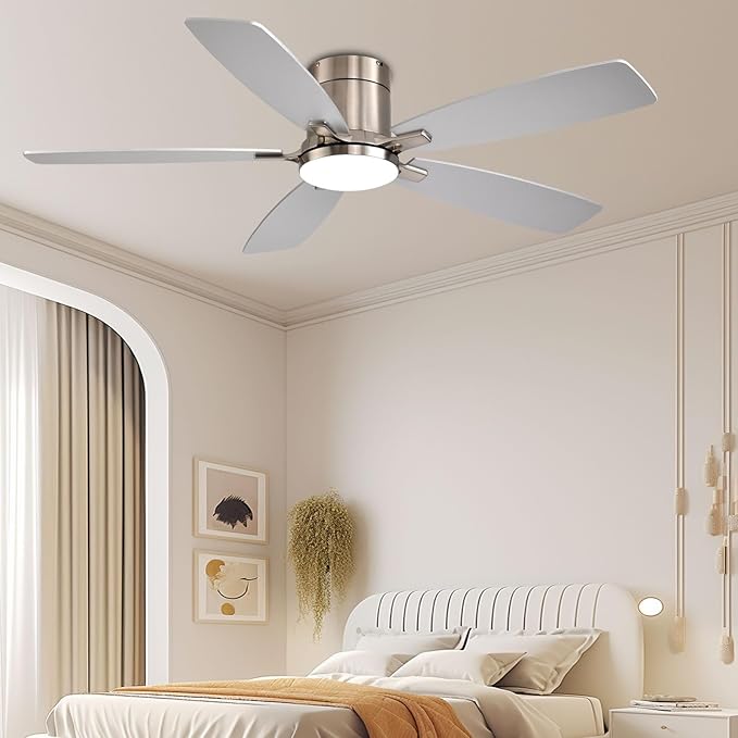 52 inch Ceiling Fans with Lights, Flush Mount Ceiling Fan with Light and Remote/APP Control, DC Motor, Dimmable LED, Noiseless, Low Profile Ceiling Fan for Bedroom Indoor/Outdoor Use (Nickel