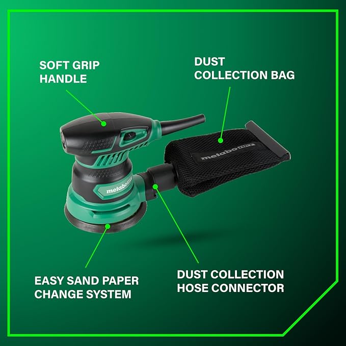 Metabo HPT 5-Inch Random Orbit Finishing Sander, Variable Speed, Palm-Style Comfort Grip, 230W 2.8 Amp Motor, 9,000-13,000 RPM, Dust Collection Hose Connector, Compact and Lightweight Design, SV13YST