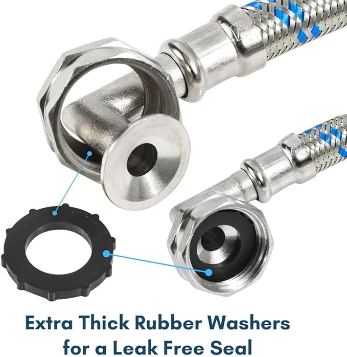 Washing Machine Hoses (8 FT) - Double 90° Elbow to Fit Tight Spaces - OCTAGON Connections for Easy & Secure Tightening - Burst Proof Water Supply Line (2 Pack) - Universal Fit to All Wash Machines