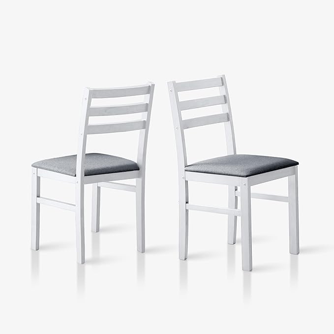 Livinia Seattle Modern Farmhouse Kitchen Dining Room Chair Set of 2, Solid Wood Fabric Upholstered Cushion Seat Wood Ladder Back Chairs (White)
