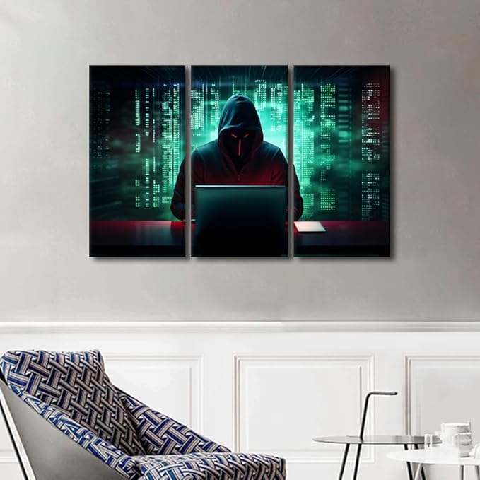 TUMOVO Hacker Malware Wall Art AI Big Data Canvas Art Prints Hacker Artwork 3 Pieces Canvas Wall Art Wall Decor Hacker Posters and Prints Contemporary Home Decor Framed Ready to Hang, 42" Wx28 H