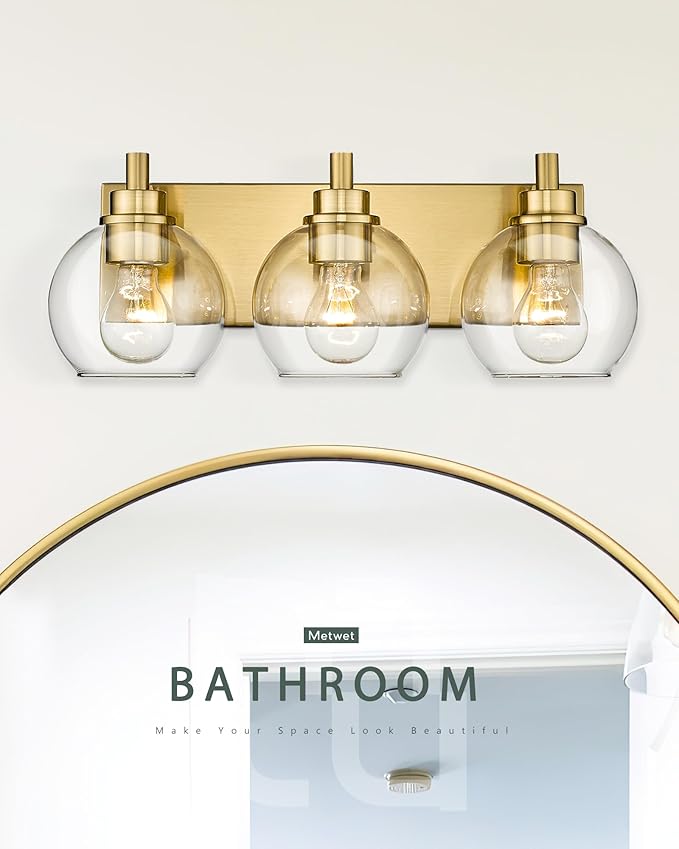 Bathroom Light Fixtures, 3-Light Brushed Gold Vanity Light, Modern Wall Sconces with Clear Glass Globe Shade, Bathroom Wall Lights for Mirror Kitchen Bedroom Hallway Living Room, VL195-GD-3