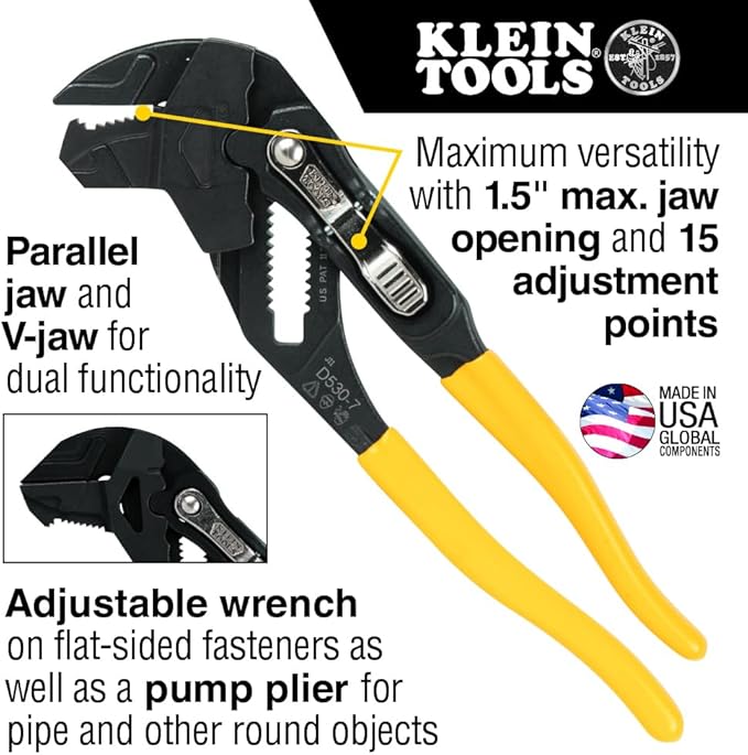 Klein Tools D53002KIT Plier Wrench Set, 2-Piece High-Leverage Pliers with Adjustable, Reversible Jaw, Smooth and Knurled Teeth, 7-Inch and 10-Inch