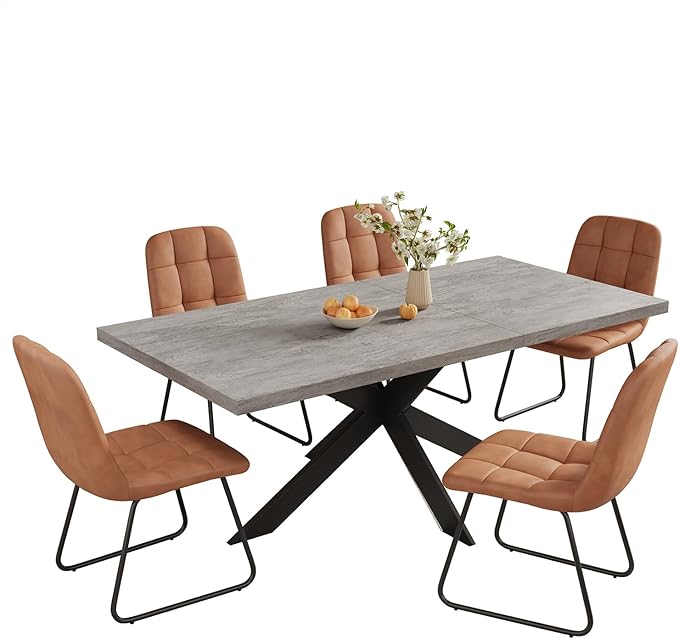 ZckyCine 7-Piece Dining Table Set, 6-Person Modern Rectangular Wooden Expandable Dining Table and 6-Person Leather Dining Chairs, 6-Person Kitchen Table and Chairs, Perfect for Kitchen Dining