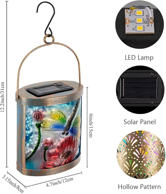 Starsoul 2 Pack Hanging Solar Lantern Outdoor Waterproof Glass Dragonfly and Lotus Decorative Solar Lights for Outside Garden Yard Table Patio Decor