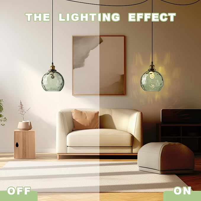 Green Plug in Glass Pendant Light Mid Century Modern Pendant Light Chandelier Ceiling Light Fixtures with Globe Shade, Plug in Hanging Light for Bedroom Living Room Dining Room