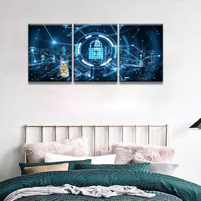 LSIUHWUWI 3 Piece Blue Keylock Hologram with Dark Night City View Pictures Print On Canvas Wall Art for Bedroom Living Room Decoration,Cloud Services Artwork Wooden Framed Ready to Hang, 12x16inchx3