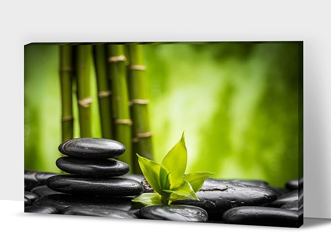 GUTTATY Zen Wall Art Decor, Modern Bathroom Zen Decor Wall Art, Relaxing Canvas Wall Art for Spa Zen Room Decor, Green Bamboo Forest and Pebble Art Prints for Office & Spa Wall Decor 32x48 Inches